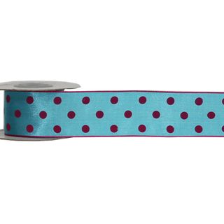 LULU (SATIN) 38mm x 9Mtr TURQUOISE WITH PINK DOT (WIRED)