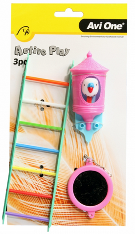 Avi One Bird Toy - 3pc Multi Coloured Ladder Cuckoo Bird Perch & Rd Mirror