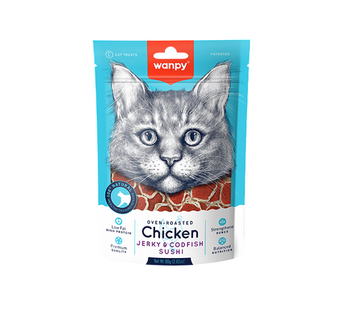 Wanpy Cat Treat Chicken Jerky and Codfish Sushi 80g