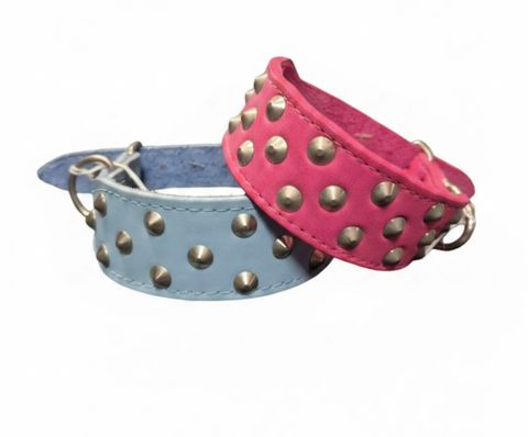 Pet One Collar - Leather Studded Staffy 40cm Light Blue