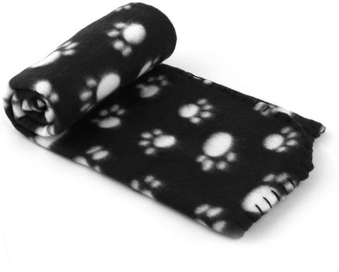 Fleece Pet Blanket - Black with White Animal Paw Print
