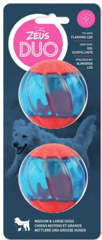 Zeus Duo Dog Ball with Flashing LED - Large 2pk 6.5cm