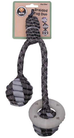 Pet One Dog Toy - Blitz Rope Braided Tug Duo w/ Glow Ring Grey