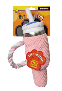 Pet One Dog Toy - Plush Pink Bottle with Straw 28cm