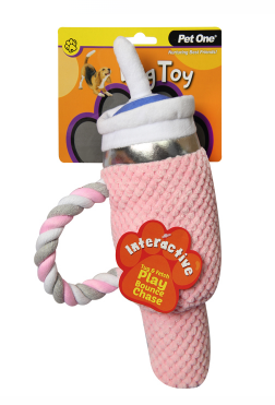 Pet One Dog Toy - Plush Pink Bottle with Straw 28cm