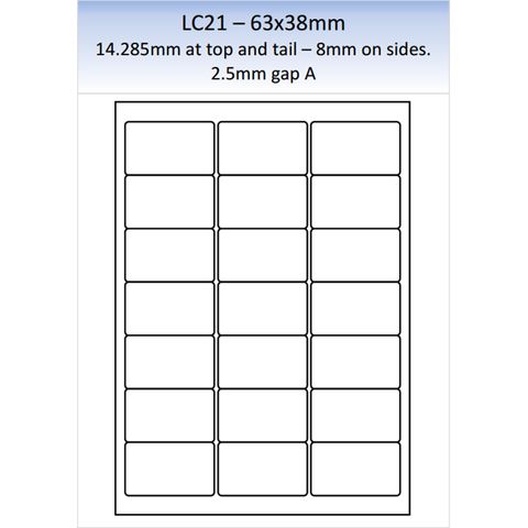 Matt Laser Labels 21 per sheet 250s  (63 x 38mm)