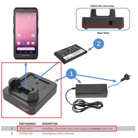HONEYWELL EDA52 SINGLE CHARGING HOME BASE, INCL PSU AND CABLE NZ/AU