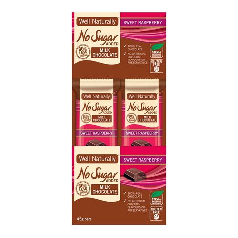 [] Well Naturally No Sugar Added Sweet Raspberry Milk Chocolate Bar - 16 x 45g (Refrigerated)