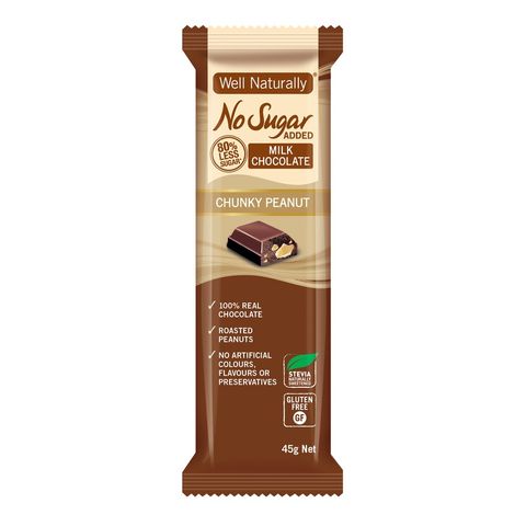 [] Well Naturally No Sugar Added Chunky Peanut Milk Chocolate Bar - 16 x 45g (Refrigerated)