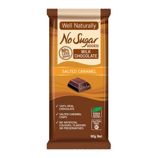 [] Well Naturally No Sugar Added Salted Caramel Milk Chocolate Bar - 12 x 90g (Refrigerated)