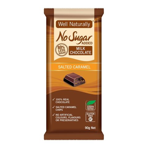 [] Well Naturally No Sugar Added Salted Caramel Milk Chocolate Bar - 12 x 90g (Refrigerated)