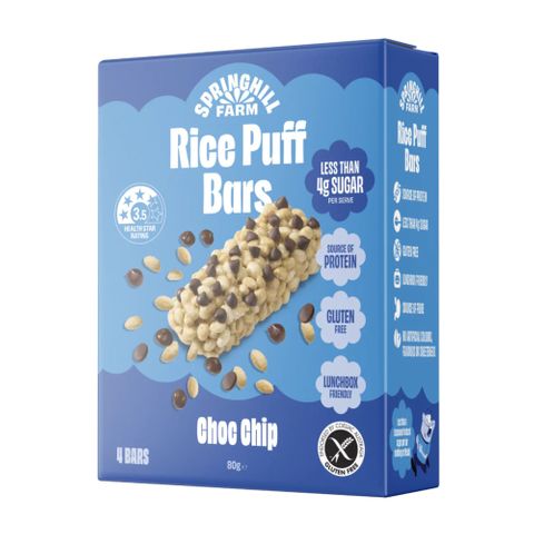 [] Springhill Farm Rice Puff Lunch Box Snack Bars Choc Chip 80g (Refrigerated)