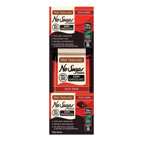 [] Well Naturally No Sugar Added Rich Dark Chocolate Bar - 12 x 90g (Refrigerated)