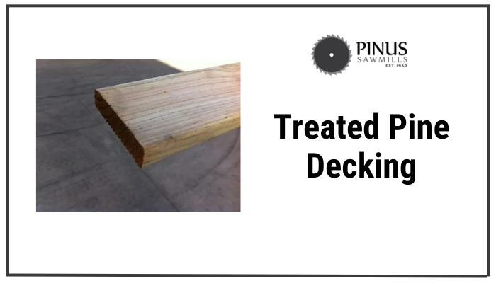 Close-up view of a single piece of treated pine decking from Pinus Sawmills, showing the wood grain and finish, suitable for outdoor decking projects.