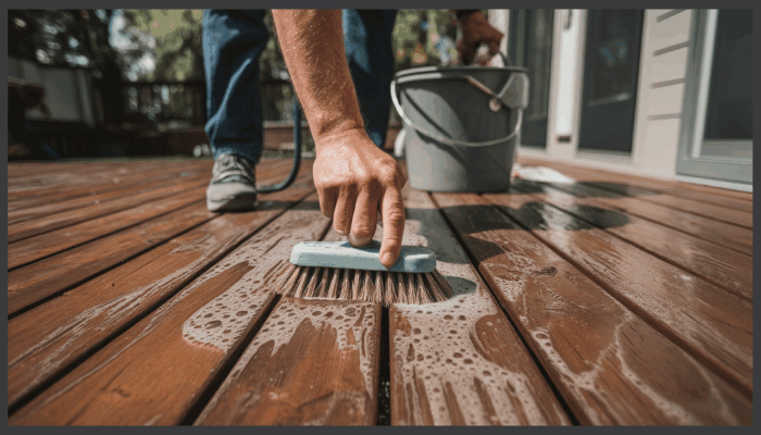 Person scrubbing a timber deck with a stiff brush and bucket of water
