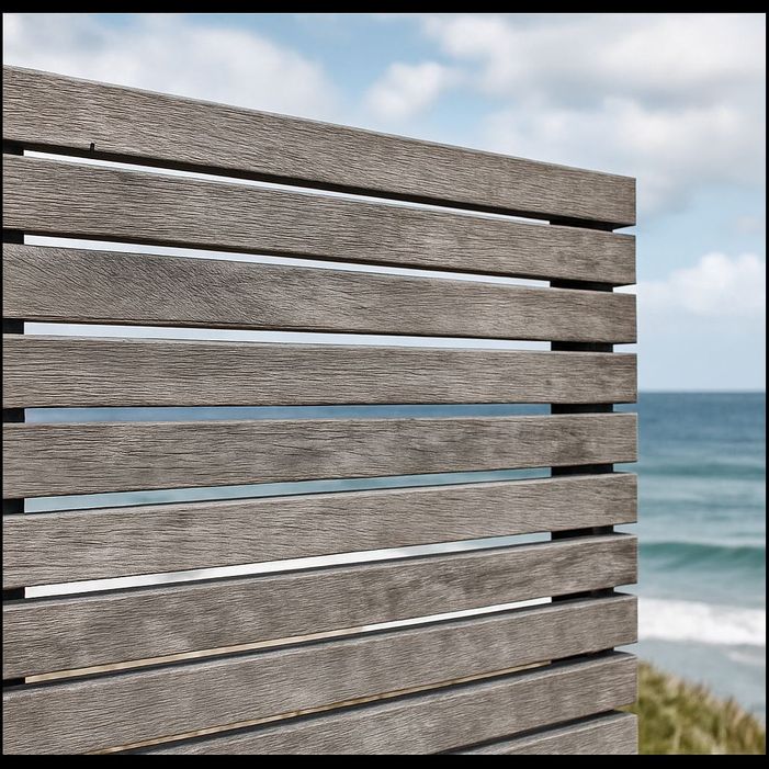Weathered timber privacy screen showing natural greying from sun exposure