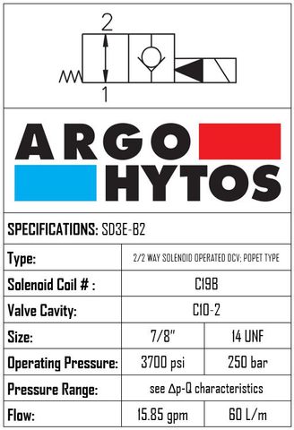 SD3E-B2-H-202-M2 N/O 2/2 WAY SOLENOID OPERATED DCV; POPET TYPE (SUITS C10-2)