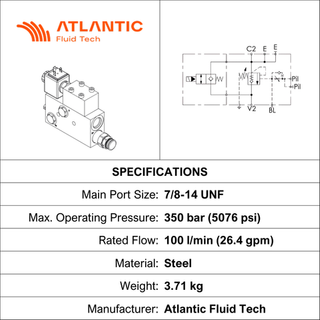 MB000352, O/CENTRE VALVE, UNO 7/8", 100 LPM, 350 BAR, INLINE