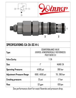 COUNTERBALANCE VALVE, ATMOS REF, T-2A, 3:1 SEALED PILOT, 1.7 BAR SPRING, 120 LPM, 70-280 BAR