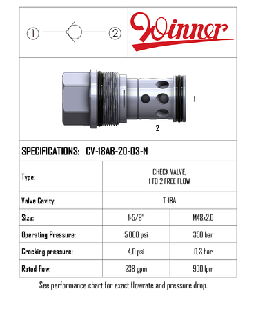 CHECK VALVE 1 TO 2 FREE FLOW, T-18A, SPRING 0.3BAR, 900LPM, 350BAR