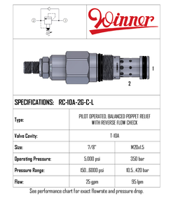 RELIEF VALVE, PILOT OPERATED, REVERSE FLOW CHECK, T-10A, 95 LPM, 10-420 BAR