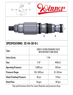 SEQUENCE VALVE, REVERSE FLOW CHECK, T-11A, 60 LPM, 20-105 BAR, DIRECT ACTING