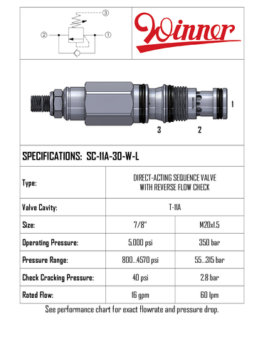 SEQUENCE VALVE, REVERSE FLOW CHECK, T-11A, 60 LPM, 55-315 BAR, DIRECT ACTING