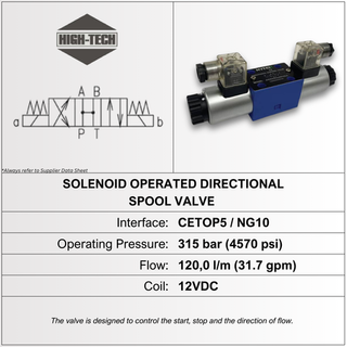 SOLENOID VALVE, CETOP5, H SPOOL, 120LPM, 12VDC