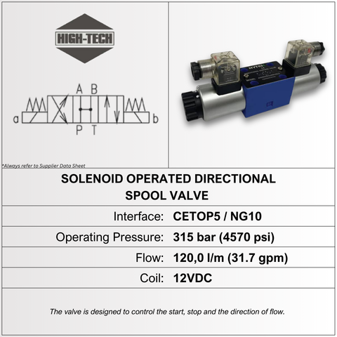 SOLENOID VALVE, CETOP5, H SPOOL, 120LPM, 12VDC