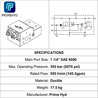 HECV20A-DS350-01, O/CENTRE VALVE, SAE 6000 1 1/4", 550 LPM, 350 BAR, 90 DEG  DUCTILE