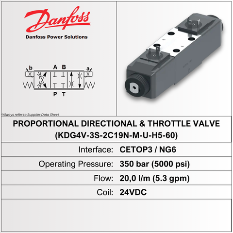 PROPORTIONAL VALVE, CETOP3, E SPOOL, 19LPM, 24VDC - KDG4V-3S-2C19N-M-U-H5-60