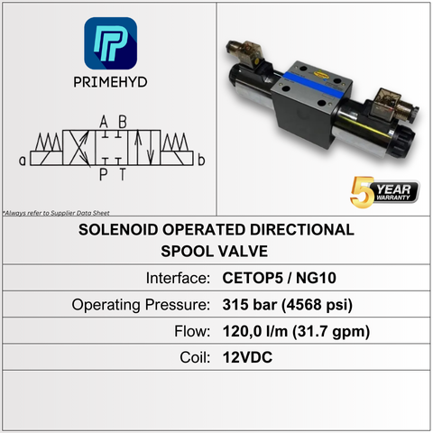 SOLENOID VALVE, CETOP5, E SPOOL, 120LPM, 12VDC