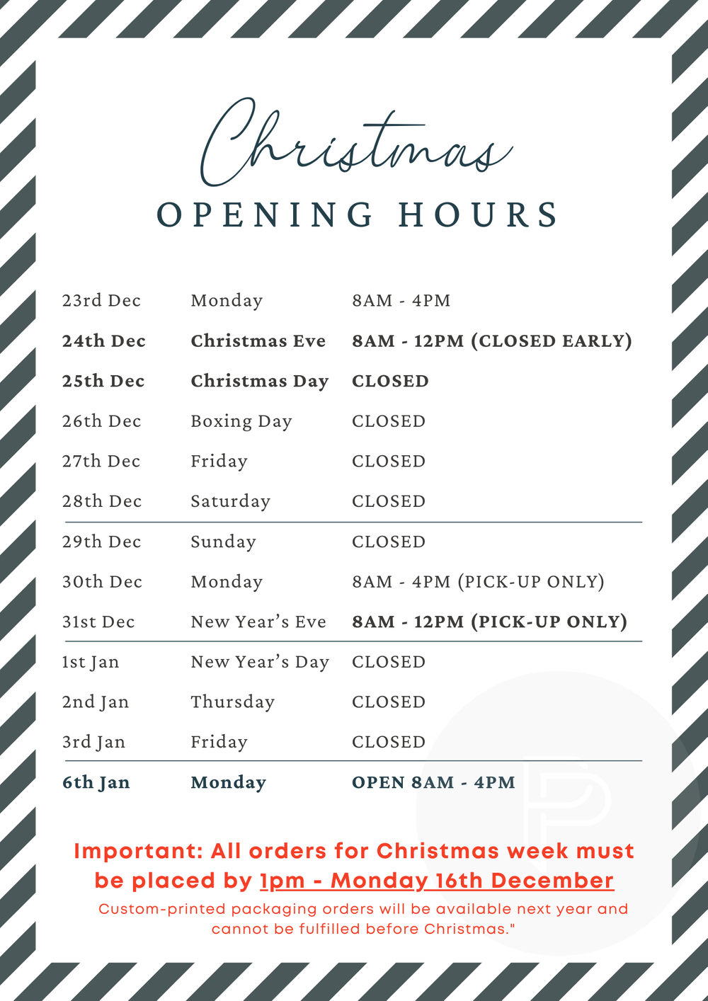 Pronto Packaging Christmas Hours Schedule