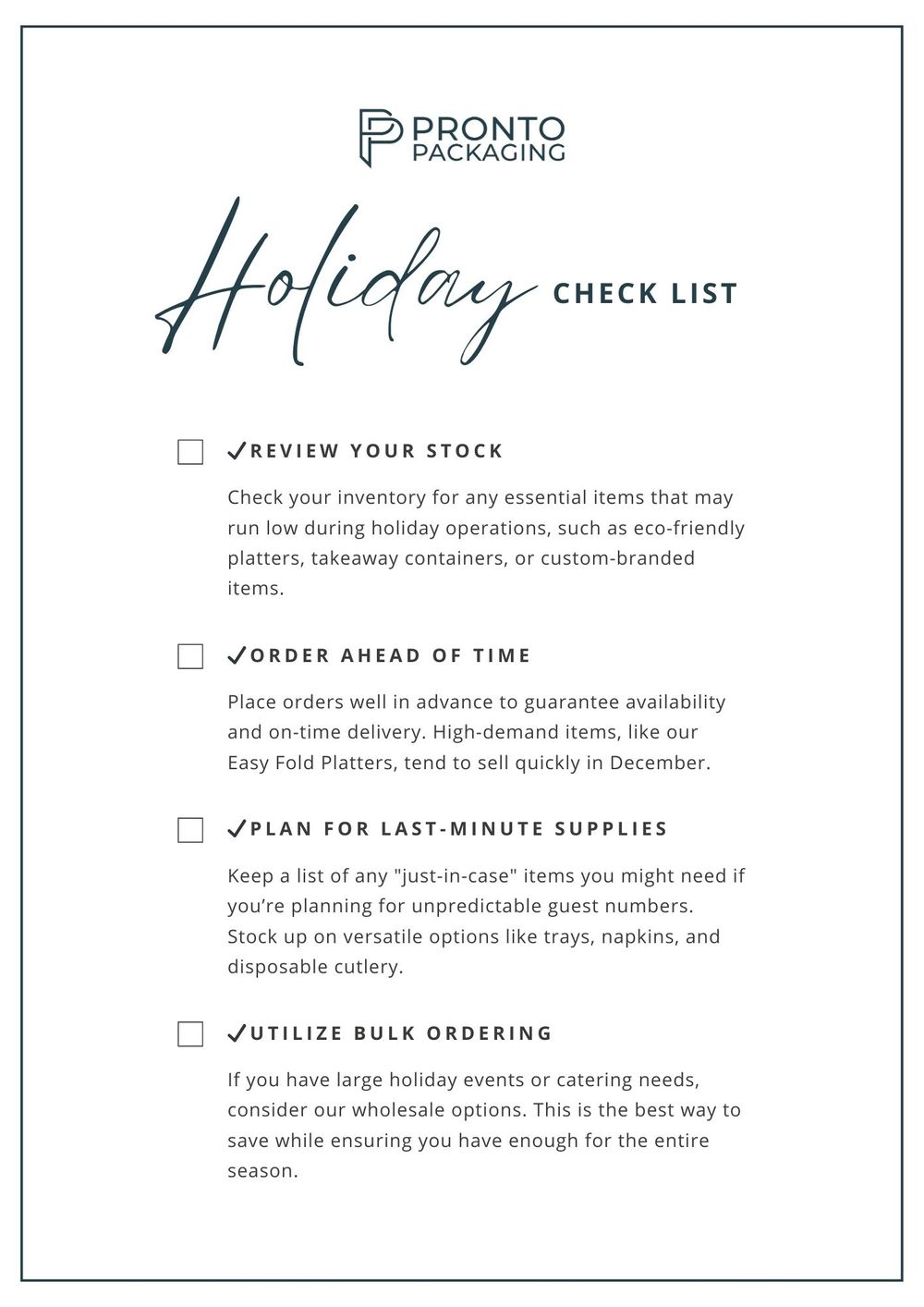 Pronto Packaging shopping online Checklist