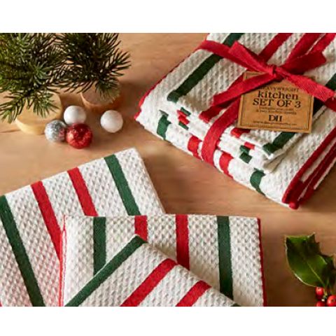 DII HOLIDAY STRIPES KITCHEN SET - 2 DISH TOWELS & 1 CLOTH