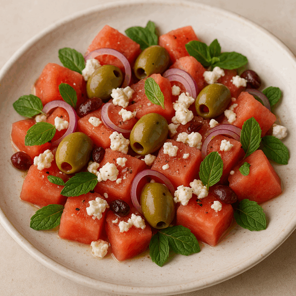 Olive,watermelon, fetta and mint salad