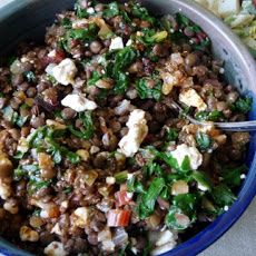 Warm silver beet and French green lentil salad with cow’s fromage