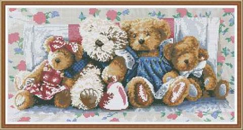 Complete Cross Stitch Kit- Teddys on Bed
