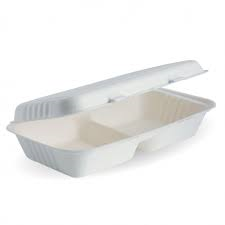 Biopak Cane Clamshell 2-Compartment White Slv 50  28x16x7cm