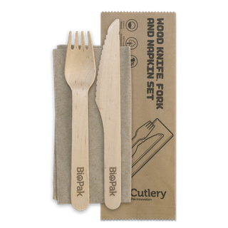 Biopak Wood Knife, Fork & Napkin Set 16cm Slv 100