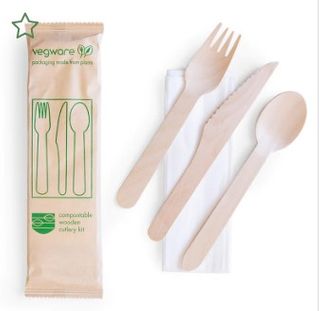 Vegware 16cm Wooden Cutlery Set Knife, Fork, Spoon with Napkin In Kraft Paper Bag Ctn 250