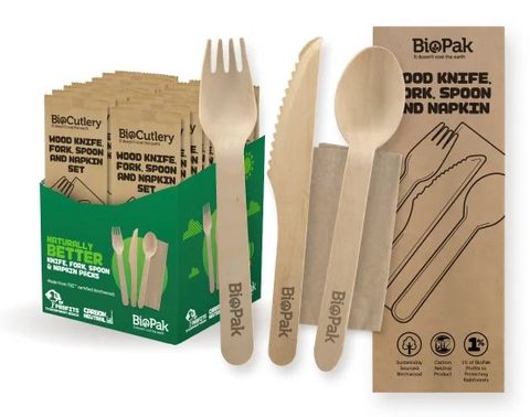 Biopak Knife ForkSpoon & Napkin Set Wood 16cm Ctn 400