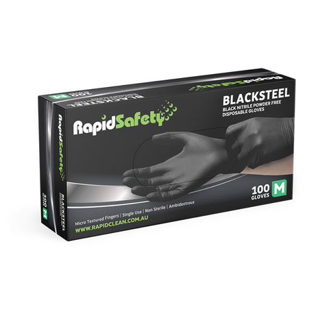 Glove Nitrile Blacksteel Medium Rapid Safety PF Pkt 100