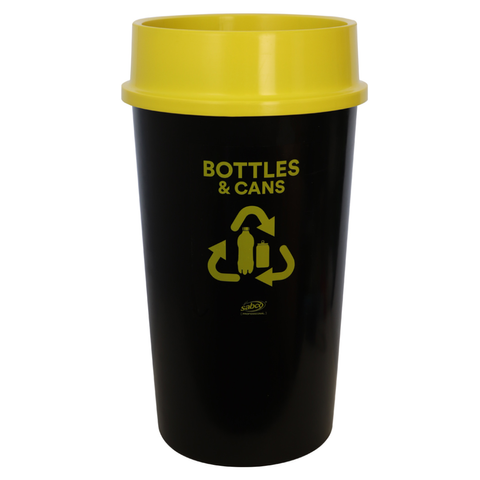 Sabco Recycling Bin 60L, Yellow lid & Bottles & Cans sticker applied. Additional 10c deposit returned sticker not applied