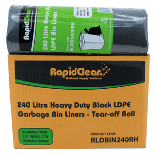 RapidClean Heavy Duty Black LDPE Garbage Bags 240L Roll100