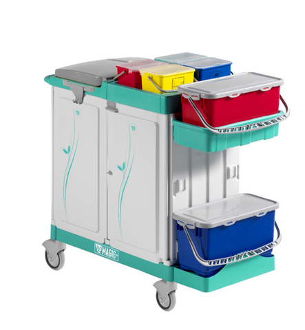 Medium Base Trolley  red, blue, yellow, and green 4L buckets with lids