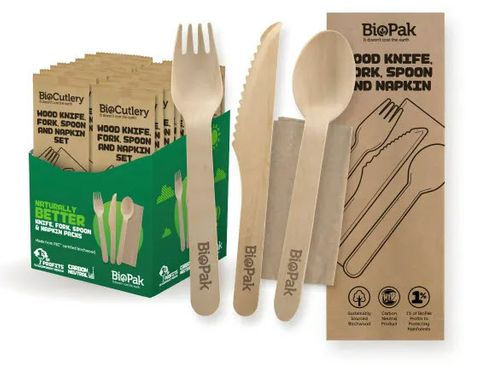 Biopak 16cm fork knife spoon & napkin x 280