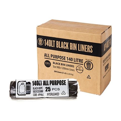 Austar Packaging 140L Black All Purpose Bin Liner Star Seal Roll 1200x970mm x200