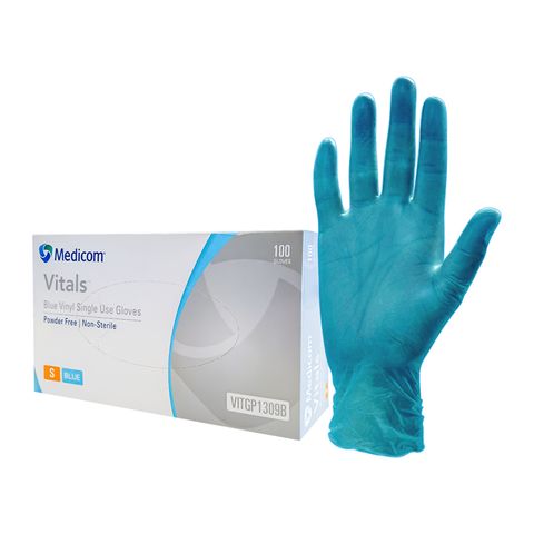 Vitals Blue Vinyl Powder Free Gloves-M X100