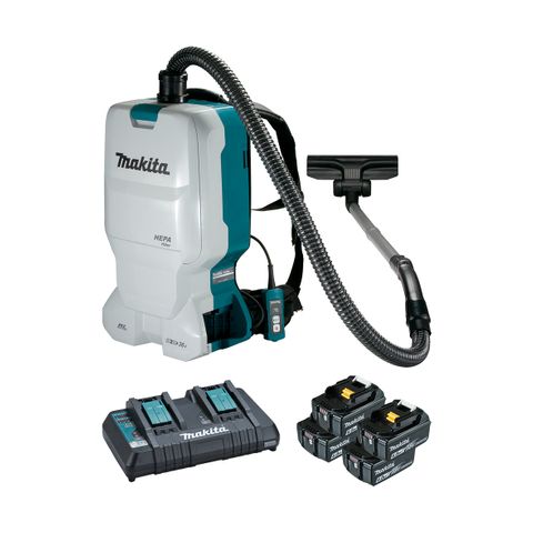 Makita 18Vx2 BRUSHLESS Backpack Vacuum Kit 6L Tank Capacity - Includes 4 x 6.0Ah Batteries Dual Port Rapid Charger